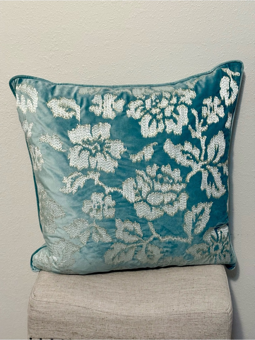 Velvet Floral Accent Pillow in Blue/Teal 20 x 20